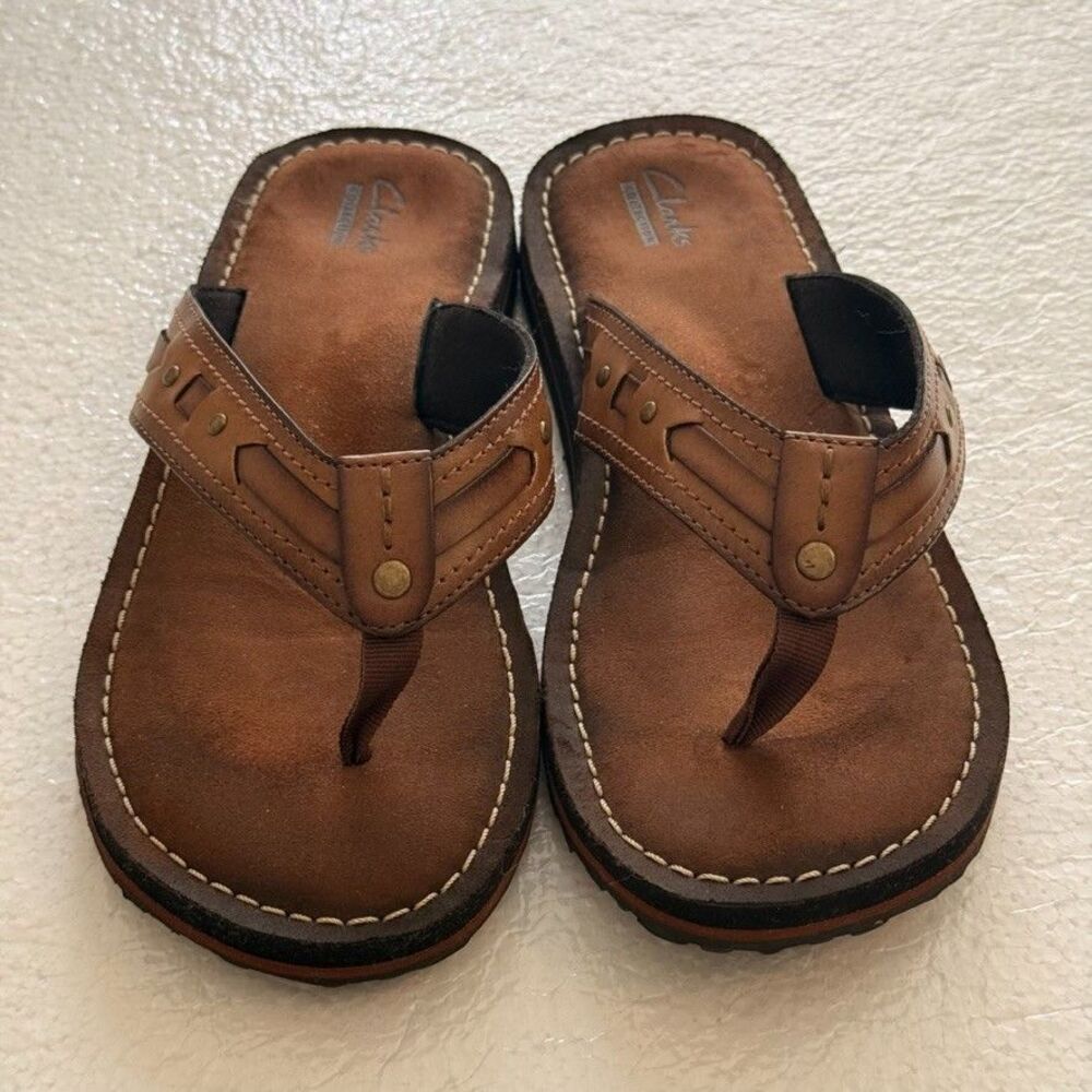 Clarks Fenner Sandals Women’s 8M Brown Honey Leather Flip Flops NEW - Picture 3 of 5